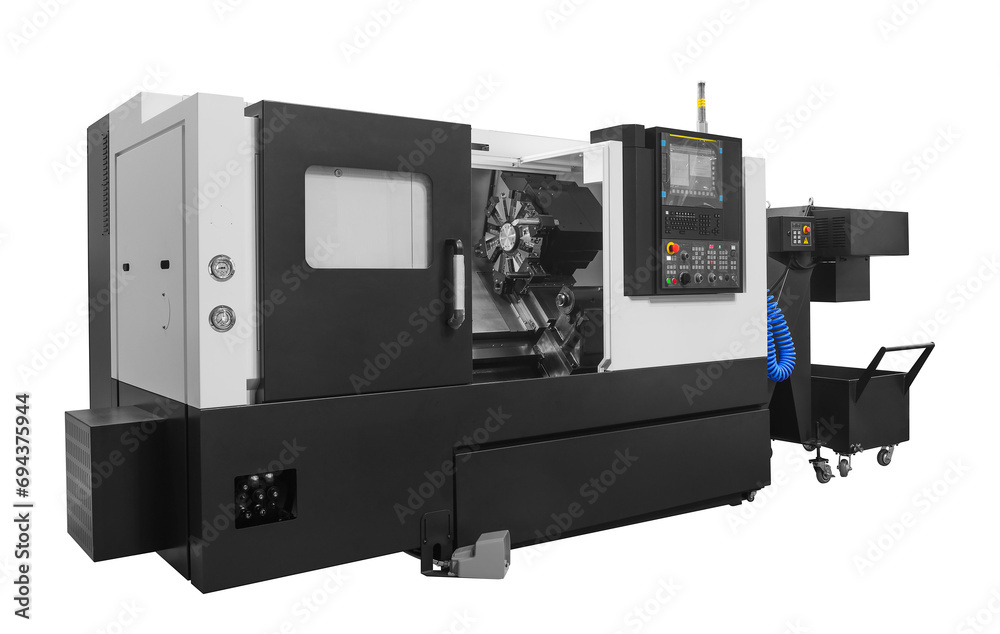 Poster metal machine tools industry. cnc lathe turning machine high-speed cutting is operation on white