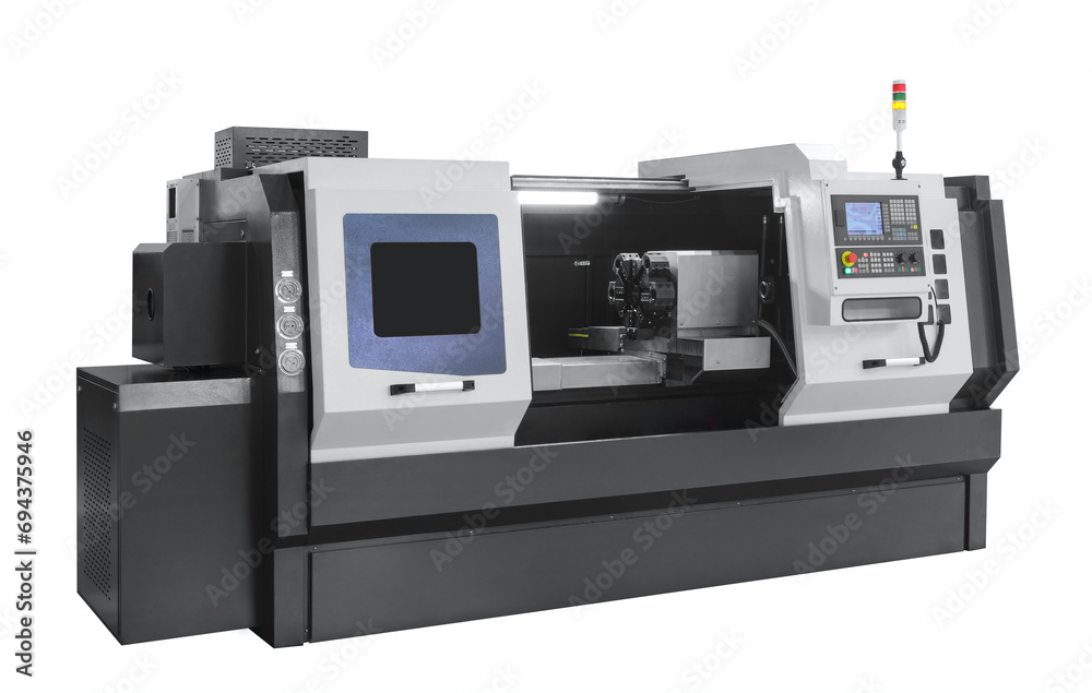 Poster metal machine tools industry. cnc lathe turning machine high-speed cutting is operation on white