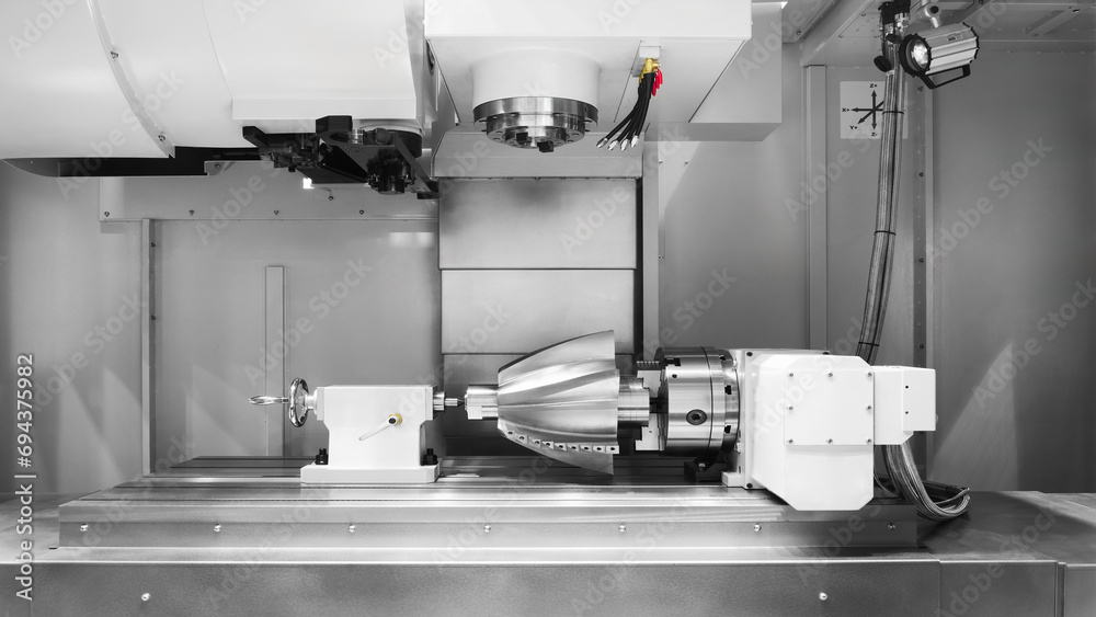 Poster metal machine tools industry. cnc turning machine high-speed cutting is operation.