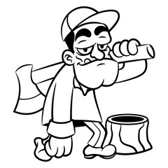 Cartoon illustration of Lumberjack carrying an Axe with chunk of wood besides. Best for outline, coloring book, and logo with illegal logging themes