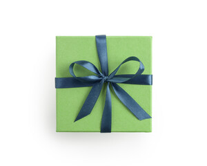 Top view of green gift box with blue ribbon bow isolated on white background
