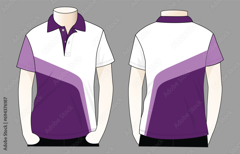 Wall mural short sleeve polo shirt with white-purple design on gray background. front and back view, vector fil