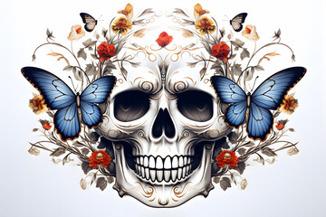 skull with flowers and butterflies on white background 