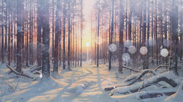 The view of the forest in winter with snowfall in the middle of the sunrise is very beautiful Seamless looping time-lapse animation background. Generative AI