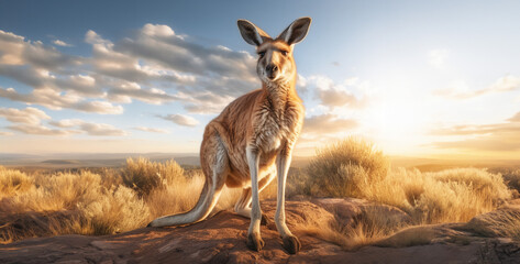 kangaroo in the sunset, kangaroo in the wild, kangaroo in sun light full body, 
