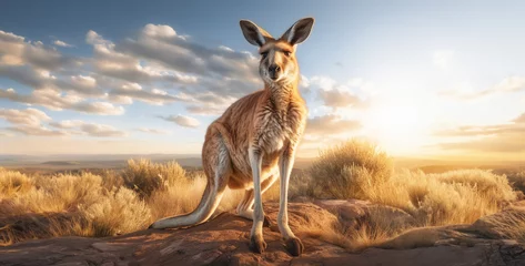Fotobehang kangaroo in the sunset, kangaroo in the wild, kangaroo in sun light full body,  © Yasir