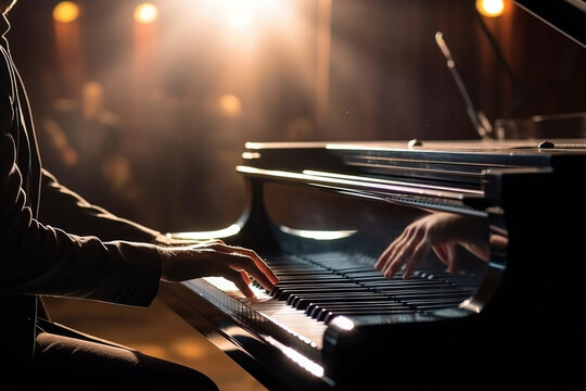 A male pianist in a tuxedo plays a piece of music on the piano on the performance stage. AI generated.