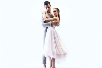 Fototapeta na wymiar Classic ballet choreographic dance, light background. Professional dancing couple. AI generated.