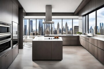 A minimalist kitchen with sleek countertops, stainless steel appliances, and a panoramic view of the city skyline.