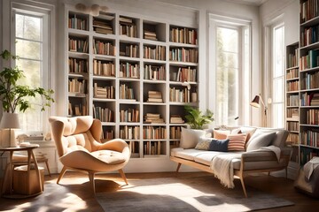 A sunlit reading nook with a comfortable armchair, a floor-to-ceiling bookshelf, and soft throw pillows. - obrazy, fototapety, plakaty