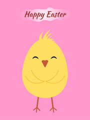 Vertical greeting card invitation. Yellow chicken and Happy Easter text on a pink background. Holiday vector flat cartoon illustration. Post on social networks.