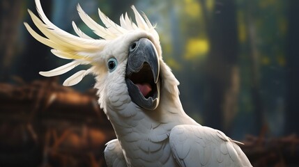 A cockatoo playfully tilting its head, feathers raised in excitement.
