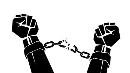 Hands breaking Slavery Abolition Chains resistence icon. fight against slavery. Abolition chains. In Black, Isolated.
