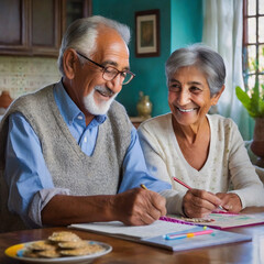 Loving elderly couples with smiling faces spend time at the table with their hobbies. Retired elderly couples - obrazy, fototapety, plakaty