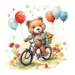 cute bear Riding Cycle With Balloon watercolor Illustration 