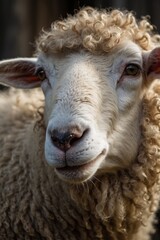 Close-up portrait of a beautiful white sheep with curly hair in nature. Pets, farm concepts.