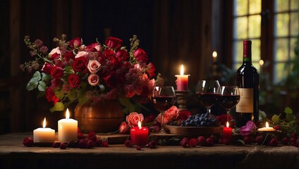 A romantic tableau featuring a luscious bouquet gracing a rustic wooden table, two glasses of rich red wine, and flickering candles casting a warm glow in the impressionistic style.