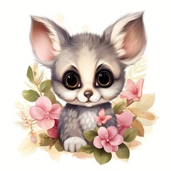Fototapeta na wymiar cute bush baby With Flower Watercolor Illustration 
