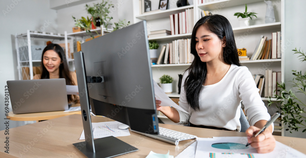Poster Accountant Or Auditor working With computer in office