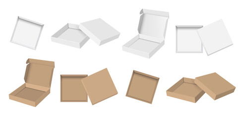 Realistic cardboard and white pizza box package mockup