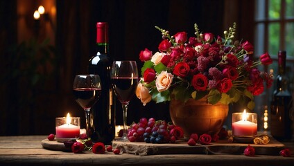 A romantic tableau featuring a luscious bouquet gracing a rustic wooden table, two glasses of rich red wine, and flickering candles casting a warm glow in the impressionistic style.