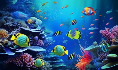 Naklejka na ściany i meble Animals of the underwater sea world. Ecosystem. Colorful tropical fish. Generative AI 