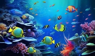 Papier Peint photo Bleu foncé Animals of the underwater sea world. Ecosystem. Colorful tropical fish. Generative AI 