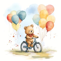 cute bear Riding Cycle With Balloon watercolor Illustration 
