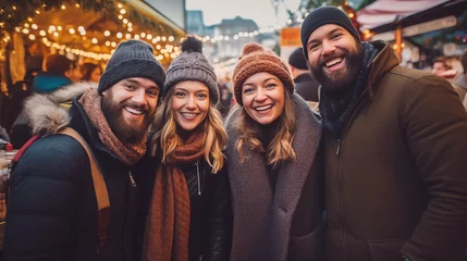 Fotobehang A group of friends standing at a Christmas market, Happy people having fun at Christmas night, generative ai © OP38Studio