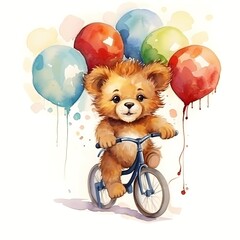 Cute Bear Riding Cycle With Balloon watercolor Illustration 