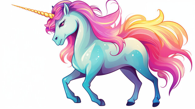 3d cartoon Illustration of a unicorn with beautiful rainbow color tail and mane isolated on white background