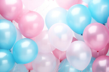 Background with pink and blue pastel colored balloons, baby arrival, birthday card