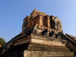 Ancient pagoda architecture in Chedi Luang Worawihan temple, Chiang Mai, Thailand.