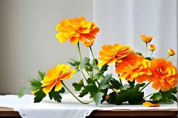 Bold marigolds command attention, a burst of orange and gold against the immaculate white.

