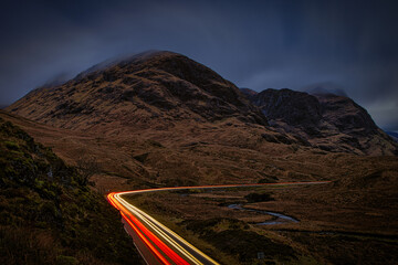 Light trails in Glencoe, Scotland.