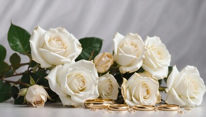 White rose flowers with a gold ring and a white Valentine's background