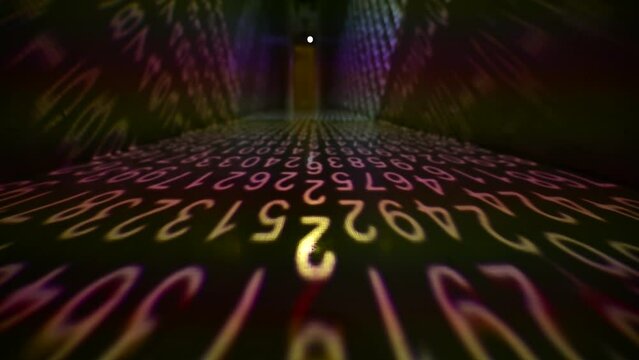 A tunnel of light made of numbers. Banking concept. Digital digit light tunnel show. Numbers in the digital age.