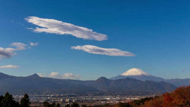 神奈川県大井町おおい夢の里から青空に浮かぶ吊るし雲と富士山Timelapse