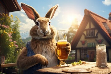Rabbit enjoying a sunny afternoon on a terrace, drinking beer - obrazy, fototapety, plakaty