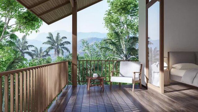 Animation of modern contemporary terrace open the door to bedroom 3d render, there are wooden floor decorate with white fabric chair overlooking nature view.
