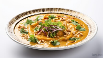 a flavorful curry dish, rich in spices and aromatic flavors, elegantly presented on a white background.