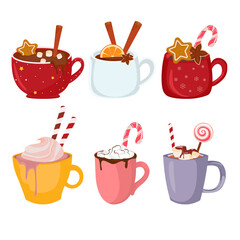 Cups of hot chocolate or cocoa with marshmallows, cinnamon, star anise, star anise and candy cane.