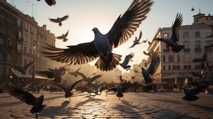 A flock of pigeons taking off from a city square, wings in synchronized motion.