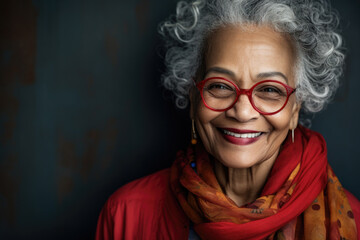 Portrait of smiling senior woman in glasses looking at camera.