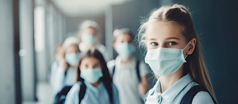 Students On School Campus Wearing Face Masks During Pandemic.