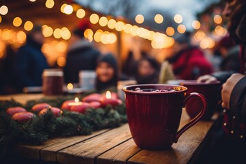 Mulled Wine at Christmas Market - Close-up of hands holding a cup of steaming mulled wine, with a blurred background of a lively Christmas market - AI Generated - obrazy, fototapety, plakaty