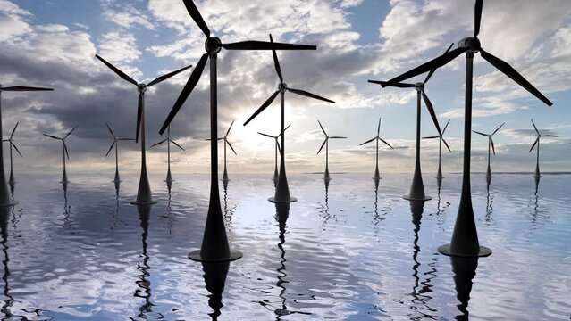 Camera pulls back through rotating blades of a wind turbine in an offshore wind farm in the sea against low sun. Green and renewable energy concept. Realistic high quality 3d animation. video loop