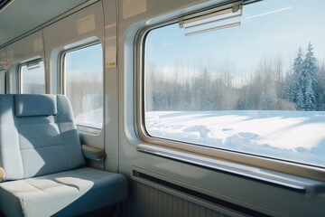 Fototapeta premium Winter Train Journey - Interior view of a cozy train compartment with a snowy landscape visible through the window - AI Generated