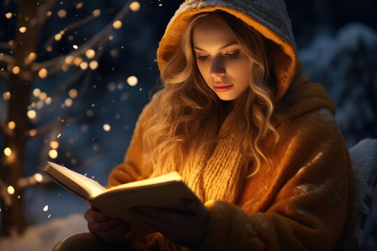 Wintry Book Reading - A Person Wrapped In A Blanket Reading A Book By Candlelight, Visible Snowfall Outside - AI Generated