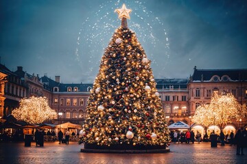 Christmas Tree in Town Square - A large, festively lit Christmas tree in a bustling town square -...